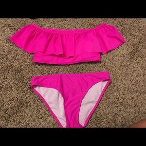 Hot pink off the shoulder swim set